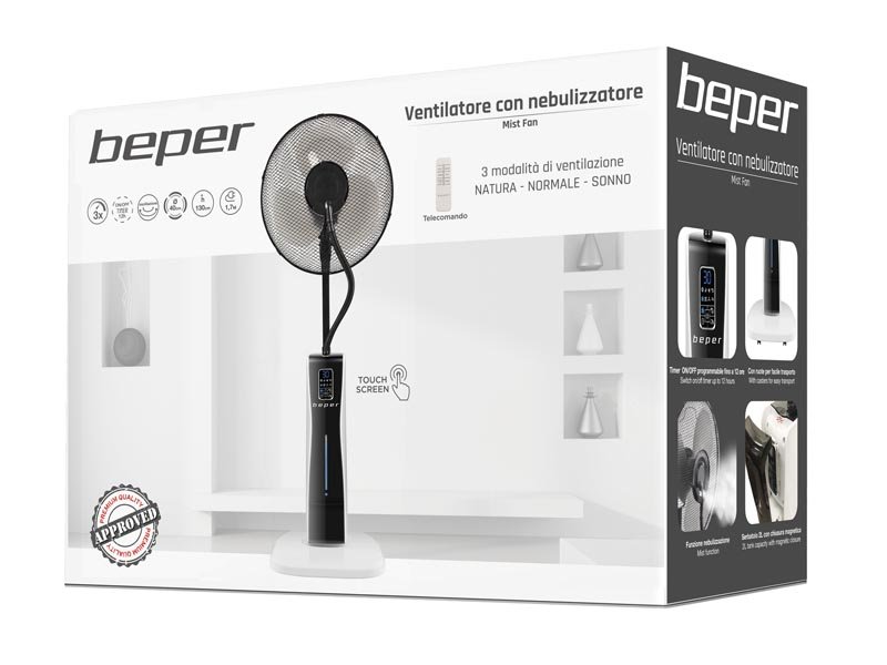 Beper VE.510 Ventilatore nebulizzatore Oscillante 3 velocità e 3 modalità Silenzioso Mist Fan con Timer e Ruote Bianco e Nero 